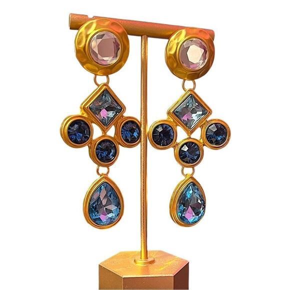 Blue Glass Crystal Matte Gold Tone Large Statement Earrings NWT - Picture 3 of 5